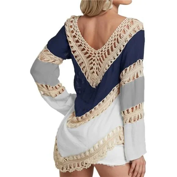 Blue Colorblock Cut Out Crochet Tunic Top Blouse Shirt Beach Swimsuit Cover Up - Picture 4 of 4